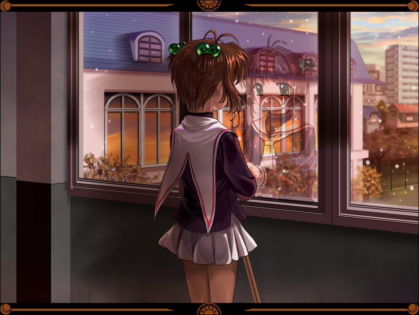 antenna_hair brown_hair cardcaptor_sakura green_eyes hair_bobbles hair_ornament highres indoors kinomoto_sakura looking_out_window mutsuki_(moonknives) reflection short_hair skirt snow solo staff window