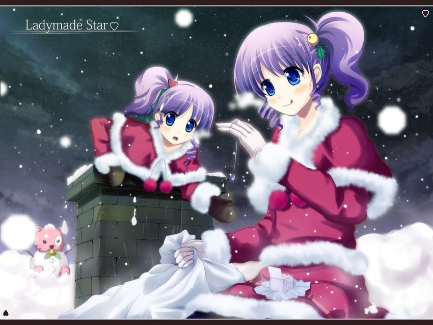 blue_eyes dj_max dj_max_portable highres kazumasa ladymade_star multiple_girls pantyhose ponytail purple_hair santa_costume siblings side_ponytail sisters snow twins