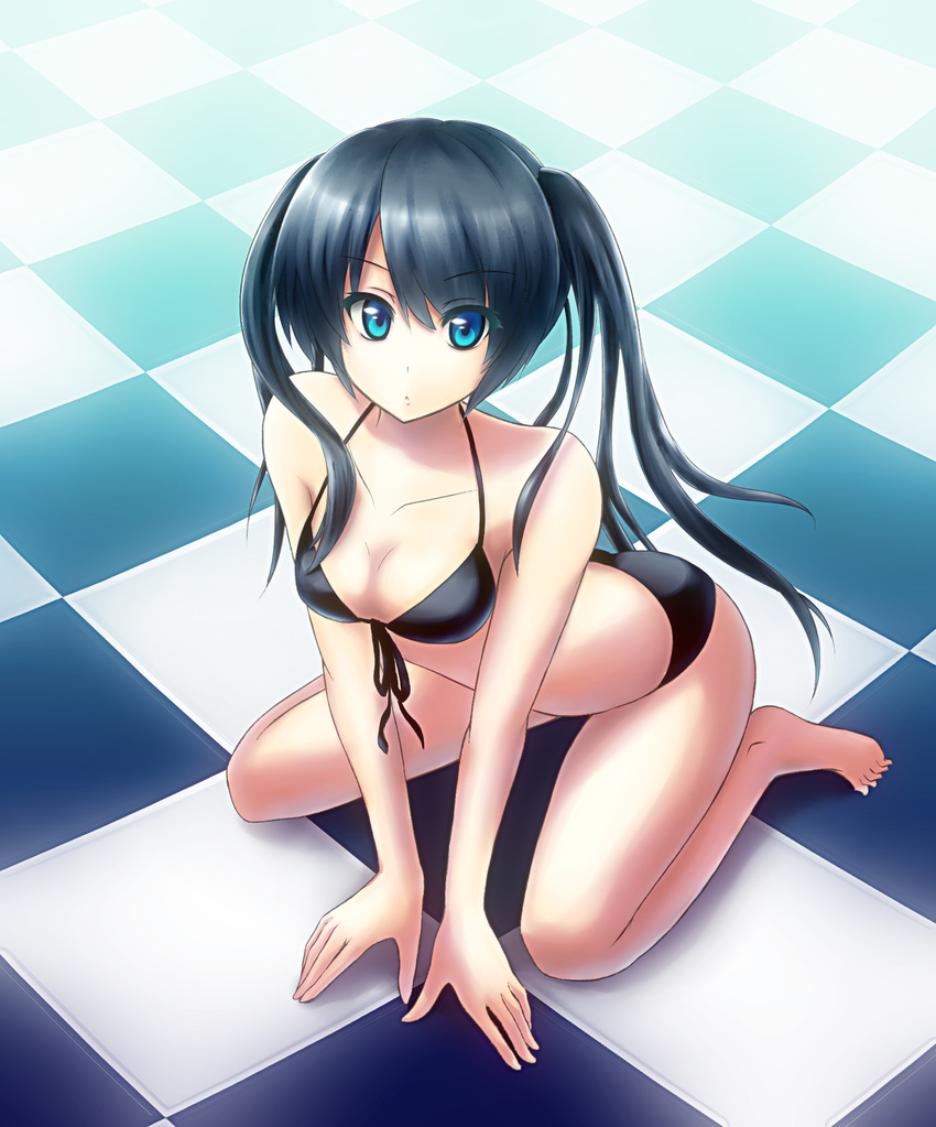 :o all_fours aqua_eyes arm_support bad_id bad_pixiv_id barefoot bikini black_hair black_rock_shooter black_rock_shooter_(character) checkered checkered_floor front-tie_top garuku hands highres kneeling long_hair looking_at_viewer solo swimsuit twintails