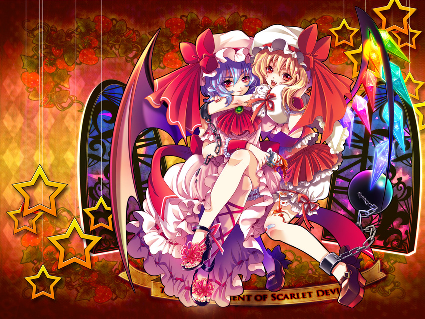 :d adapted_costume ankle_cuffs ankle_lace-up ascot bandaid bandaid_on_knee bat_wings blonde_hair bloomers brooch brown_footwear chain cross-laced_footwear crystal cuffs cup fangs flandre_scarlet food fruit garters hat hat_ribbon highres holding holding_cup hug jewelry looking_at_viewer midriff miniskirt mob_cap multiple_girls nail_polish navel no_socks open_mouth puffy_short_sleeves puffy_sleeves purple_hair red_eyes red_nails red_ribbon remilia_scarlet ribbon ribbon-trimmed_clothes ribbon_trim sandals shima_chiyo shoes short_sleeves siblings sisters skirt skirt_set smile spill star strawberry teacup toenail_polish touhou underwear wallpaper window wings wrist_cuffs