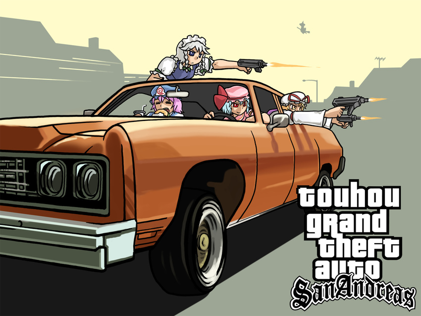 broom broom_riding car city dual_wielding eating food grand_theft_auto grand_theft_auto:_san_andreas ground_vehicle gun highres holding izayoi_sakuya kirisame_marisa motor_vehicle multiple_girls parody remilia_scarlet saigyouji_yuyuko through_window touhou weapon yakumo_yukari yukiman