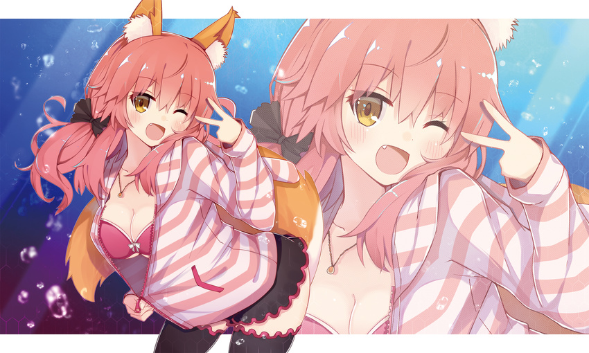 animal_ears bra breasts cleavage collarbone fang fate/extra fate_(series) fox_ears fox_tail highres jewelry koga_rejini large_breasts necklace one_eye_closed open_clothes open_mouth open_shirt pink_bra pink_hair shirt solo striped striped_hoodie tail tamamo_(fate)_(all) tamamo_no_mae_(fate) underwear yellow_eyes zoom_layer