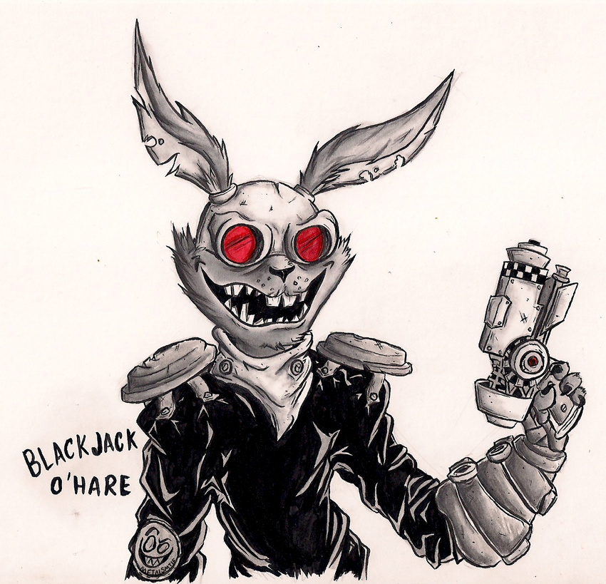 2016 anthro armor blackjack_o'hare buckteeth claws clothed clothing cybernetics eyewear front_view fur guardians_of_the_galaxy gun hare hi_res lagomorph long_ears looking_at_viewer machine male mammal marvel metalsmile open_mouth pose rabbit ranged_weapon red_eyes simple_background smile solo standing teeth text traditional_media_(artwork) weapon white_background