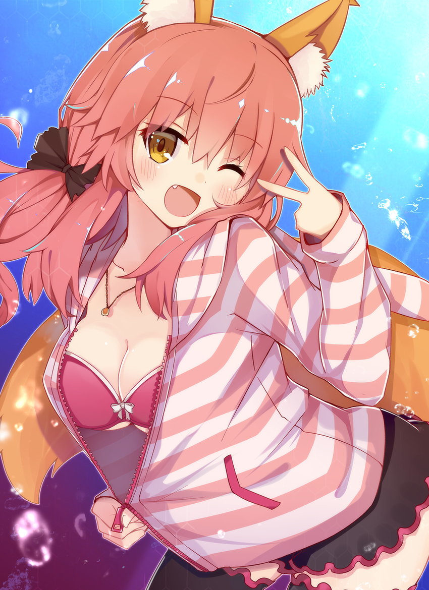 animal_ears bra breasts cleavage collarbone fang fate/extra fate_(series) fox_ears fox_tail highres jewelry koga_rejini large_breasts long_hair necklace one_eye_closed open_clothes open_mouth open_shirt pink_bra pink_hair shirt solo striped striped_hoodie tail tamamo_(fate)_(all) tamamo_no_mae_(fate) thighhighs underwear yellow_eyes zettai_ryouiki