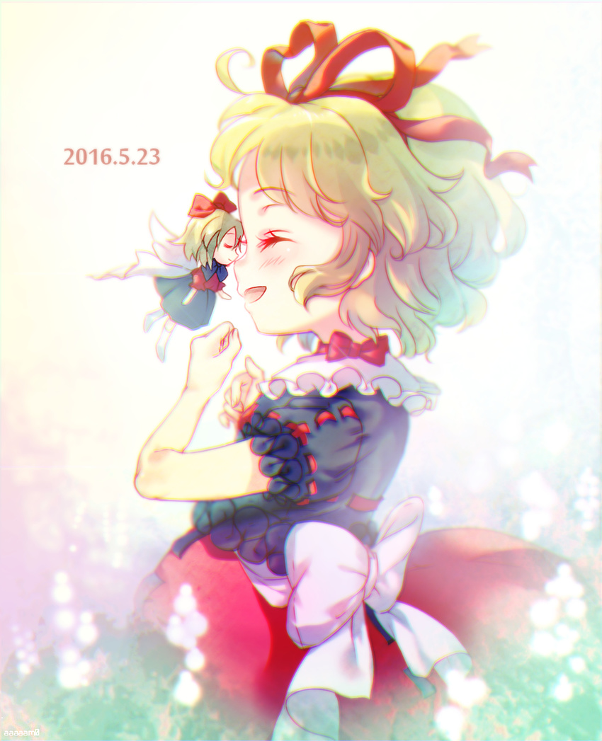 amo blonde_hair bow closed_eyes hair_bow hair_ribbon highres kiss medicine_melancholy nose_kiss open_mouth profile ribbon short_hair smile solo su-san touhou