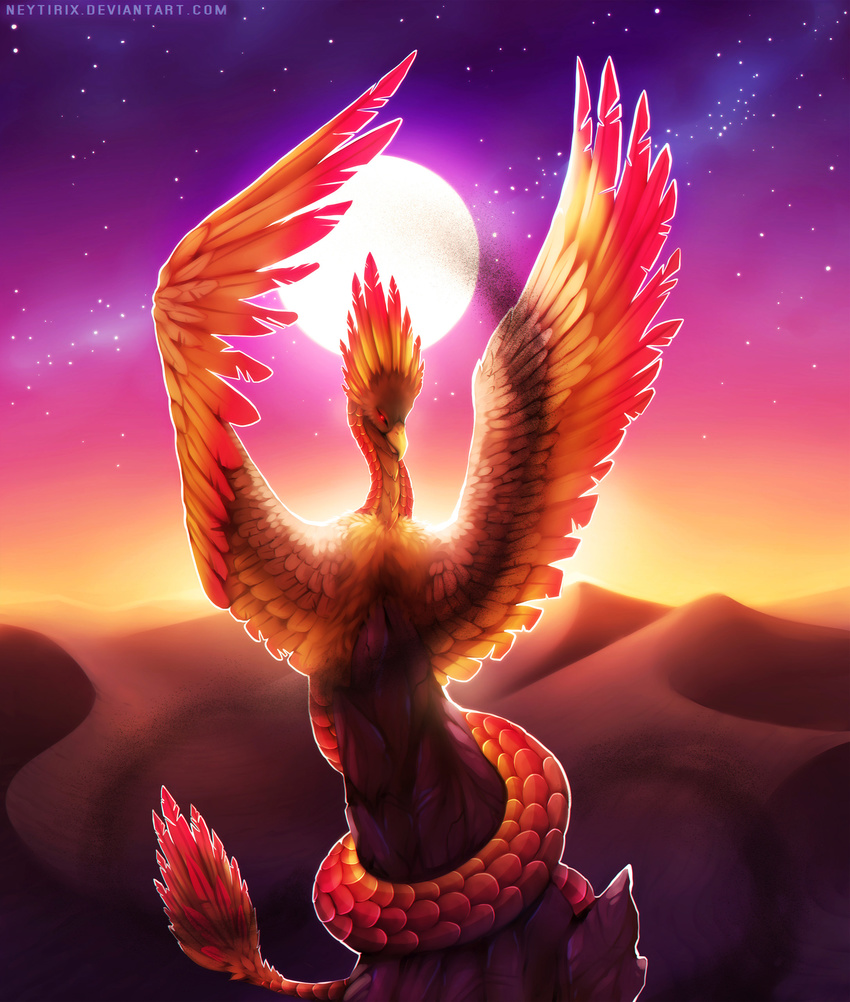 avian beak bird detailed_background dunes feathered_wings feathers feral moon neytirix orange_feathers phoenix red_eyes red_feathers sky solo star starry_sky wings yellow_beak