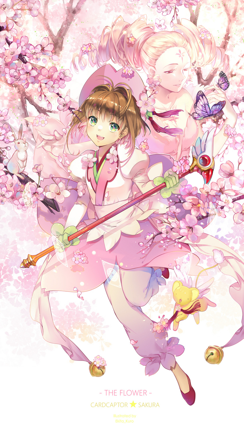 :d absurdres artist_name bad_id bad_pixiv_id bell branch brown_hair bug bunny butterfly cardcaptor_sakura character_name cherry_blossoms clow_card copyright_name dress drill_hair ekita_xuan facial_mark flower_(clow_card) forehead_mark full_body fuuin_no_tsue gloves green_eyes green_gloves half-closed_eyes hat highres holding insect juliet_sleeves kero kinomoto_sakura long_sleeves multiple_girls nature open_mouth pants parted_lips pink_hat pink_skin puffy_long_sleeves puffy_sleeves short_hair smile star star-shaped_pupils symbol-shaped_pupils teeth twin_drills white_pants