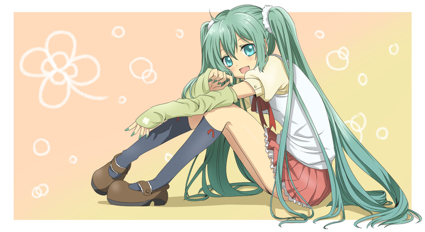 blue_eyes blue_legwear full_body green_hair hair_ornament hair_scrunchie hatsune_miku highres long_hair looking_at_viewer mary_janes nail_polish open_mouth pleated_skirt red_ribbon red_skirt ribbon rumia_(compacthuman) scrunchie shirt shoes sitting skirt socks solo twintails very_long_hair vocaloid white_shirt