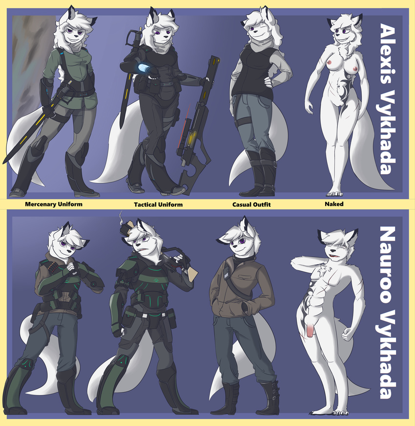 2016 alexis_vykhada anthro armor boots breasts cat chest_tuft clothed clothing digital_media_(artwork) feline female fluffy footwear fur gun hair ineedmoredosh jeans long_hair male mammal melee_weapon model_sheet nauroo_vykhada nipples nude open_mouth pants penis purple_eyes pussy ranged_weapon scar scarf smile standing sword tattoo tuft weapon white_fur white_hair