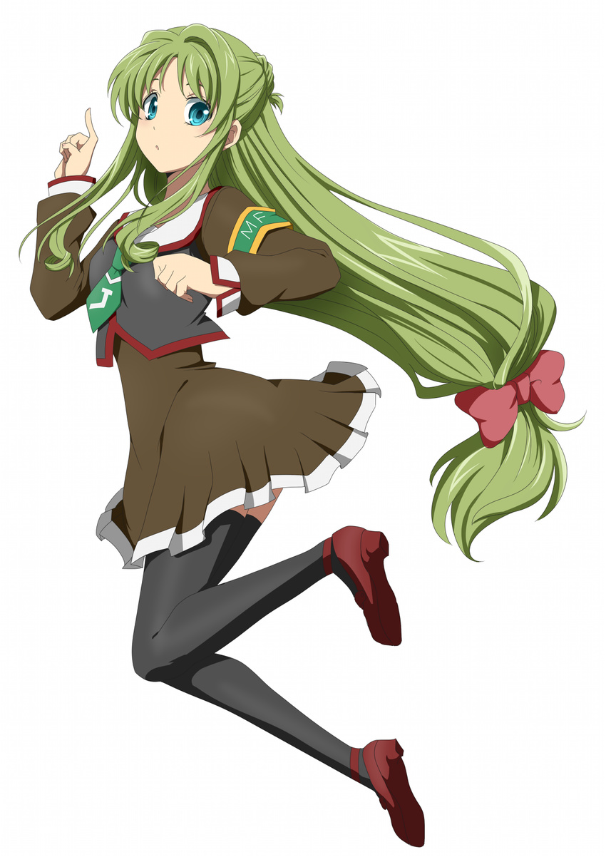 black_legwear blue_eyes brown_dress dress full_body green_hair green_neckwear hair_ribbon highres index_finger_raised long_hair low-tied_long_hair mf_bunko necktie original red_ribbon ribbon rumia_(compacthuman) short_necktie simple_background solo thighhighs tied_hair white_background