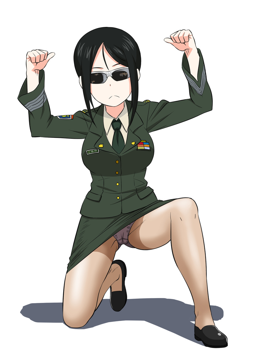 absurdres ass_visible_through_thighs bangs black_eyes black_footwear black_hair black_neckwear black_panties cameltoe chouno_ami commentary double_thumbs_up dress_shirt flats frown full_body girls_und_panzer green_jacket green_shirt green_skirt highres jacket japan_ground_self-defense_force japan_self-defense_force long_sleeves looking_at_viewer military military_uniform miniskirt necktie one_knee panties panties_under_pantyhose pantyhose pantyshot pantyshot_(one_knee) pencil_skirt pointing pointing_at_self serious sheer_legwear shirihime shirt shoes short_hair simple_background skirt solo sunglasses swept_bangs thumbs_up underwear uniform white_background