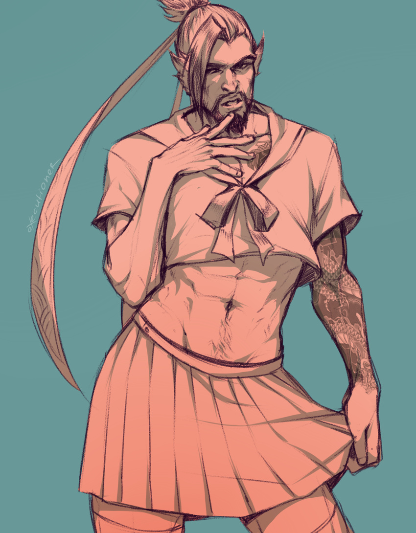 abs arm_tattoo bad_id bad_tumblr_id beard bow cowboy_shot crossdressing executioner_(alextau666) facial_hair finger_to_mouth groin hand_on_own_chest hanzo_(overwatch) highres male_focus midriff overwatch school_uniform skirt skirt_grab solo tattoo thighhighs zettai_ryouiki