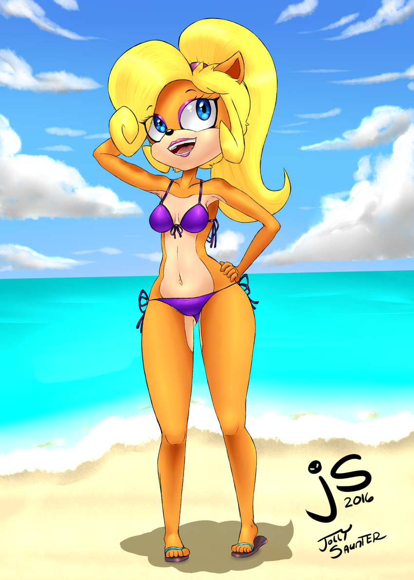 beach bikini blonde_hair blue_eyes clothing cloud coco_bandicoot crash_bandicoot_(series) eyeshadow footwear fur hair hand_on_hip invalid_tag jollysaunter lipstick looking_up makeup naughty_dog navel open_mouth orange_fur sandals seaside smile swimsuit video_games