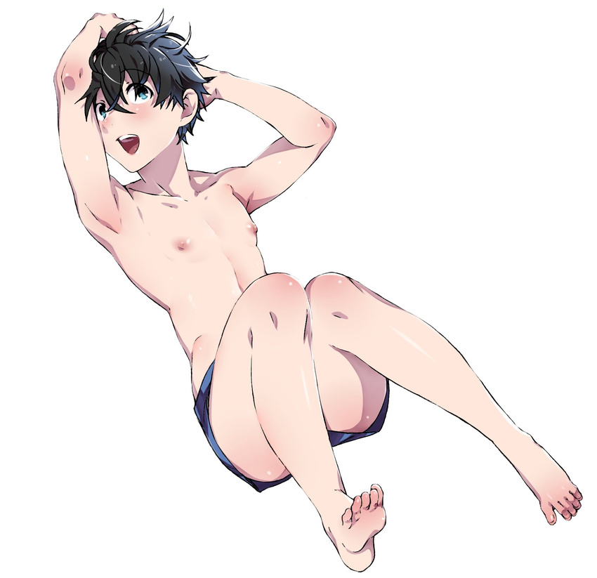 arizuka_(catacombe) arms_up black_hair blue_eyes blush boxers child hair_between_eyes highres looking_at_viewer lying male_focus male_underwear nipples on_back original protected_link red_mask_(arizuka) simple_background smile solo underwear white_background younger