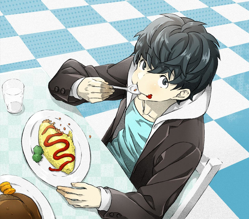 arizuka_(catacombe) black_hair blue_eyes chair checkered checkered_floor cup drinking_glass eating floor food food_on_face from_above hood hood_down hoodie jacket ketchup male_focus omurice open_clothes open_jacket original plate protected_link red_mask_(arizuka) solo table turkey_(food)