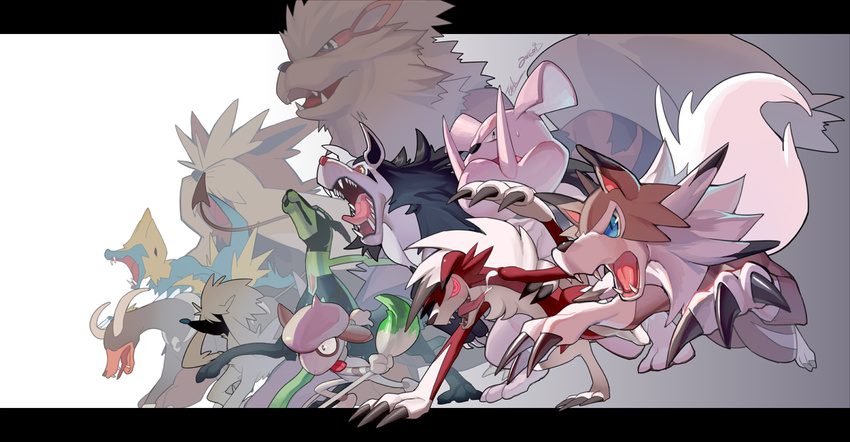 artist_name charging claws closed_mouth dog ege_(597100016) fangs fur furfrou gen_1_pokemon gen_2_pokemon gen_3_pokemon gen_5_pokemon gen_6_pokemon gen_7_pokemon granbull houndoom letterboxed lycanroc manectric mightyena no_humans open_mouth outside_border pokemon pokemon_(creature) simple_background smeargle stoutland trait_connection white_background zygarde_10_percent