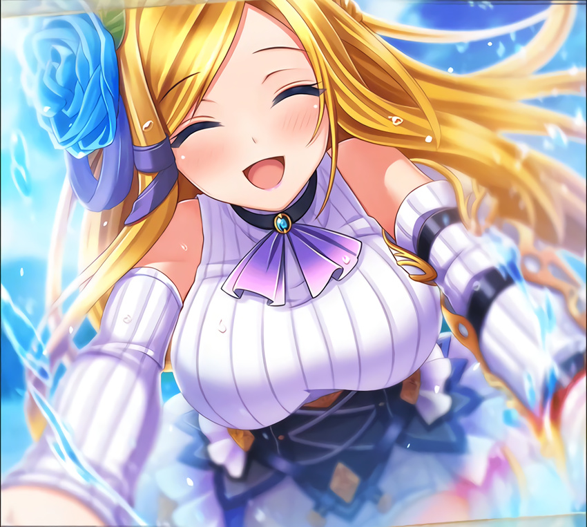 &gt;_&lt; :d artist_request bangs bare_shoulders blonde_hair blue_eyes blue_flower blue_rose blurry blush breasts caladbolg_(phantom_of_the_kill) choker closed_eyes corset depth_of_field detached_sleeves flower frills game_cg gauntlets hair_flower hair_ornament hair_ribbon large_breasts long_hair miniskirt official_art open_mouth ornate_clothing outstretched_arms parted_bangs phantom_of_the_kill ribbon rose skirt smile solo splashing water water_drop xd