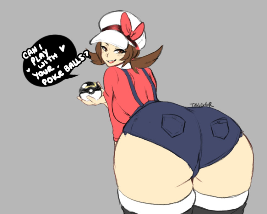 1girl ass ass_focus bent_over breasts brown_eyes brown_hair creatures_(company) flat_color from_behind game_freak grey_background hat huge_ass kotone_(pokemon) large_breasts long_sleeves looking_at_viewer matching_hair/eyes nintendo open_mouth overalls poke_ball pokemon pokemon_(game) pokemon_hgss simple_background smile solo speech_bubble suspenders taigerarts text_focus thighhighs tongue twintails upper_teeth