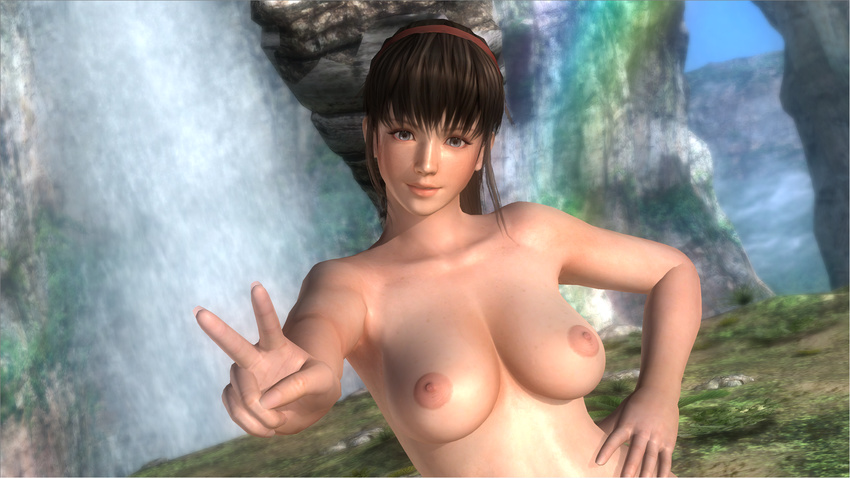 1girl 3d absurdres blue_eyes breasts brown_hair dead_or_alive dead_or_alive_5 erect_nipples female headband hitomi_(doa) large_breasts looking_at_viewer nature nipples nude nude_mod outdoors outside plant ponytail sky smile solo sweat topless upper_body wet