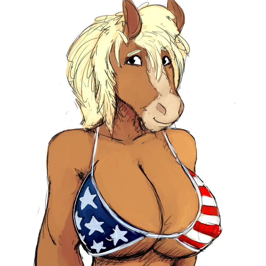 anthro big_breasts bikini blonde_hair breasts cleavage clothed clothing equine female hair hladilnik horse huge_breasts mammal smile solo stars_and_stripes swimsuit united_states_of_america
