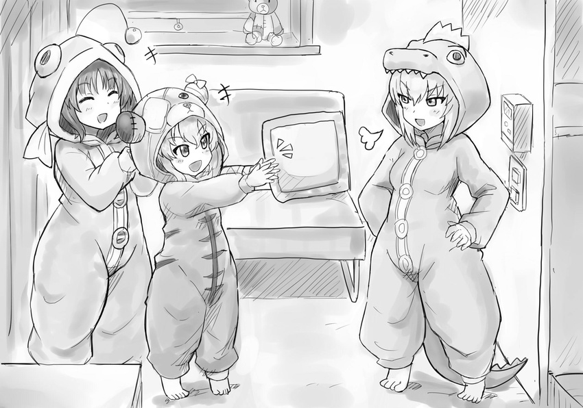 :d alligator_costume anglerfish_costume animal_costume bangs barefoot bear_costume boko_(girls_und_panzer) breath chair clapping commentary cosplay girls_und_panzer girls_und_panzer_phase_erika greyscale hands_on_hips highres indoors itsumi_erika kigurumi looking_at_another monochrome multiple_girls nishizumi_miho okitsugu open_mouth outstretched_arms own_hands_together shimada_arisu smile standing stuffed_animal stuffed_toy teddy_bear tiptoes v-shaped_eyebrows
