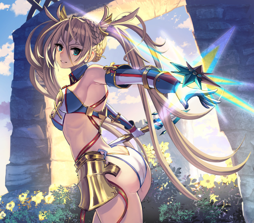 1girl armpits ass back bangs bare_shoulders blonde_hair blue_eyes blue_sky blush bradamante_(fate/grand_order) braid breasts butt_crack cloud commentary_request day elbow_gloves eyebrows_visible_through_hair fate/grand_order fate_(series) fingerless_gloves french_braid gloves hair_between_eyes hair_ornament highres kazto_furuya leaf leotard long_hair looking_at_viewer looking_back medium_breasts open_mouth outdoors polearm sky smile solo spear standing tree twintails very_long_hair weapon