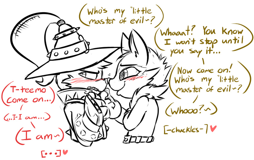 &lt;3 2015 4_fingers anthro belt big_eyes big_head black_and_white blush cheek_tuft clothing cute dialogue digital_drawing_(artwork) digital_media_(artwork) duo english_text eskimo_kiss eyebrows fluffy fur gloves hat head_tuft humanoid_hands inner_ear_fluff league_of_legends line_art looking_away magic_user male male/male mammal monochrome riot_games robes romantic_couple side_view simple_background spot_color standing teemo text toony tuft veigar veigar-chan video_games white_background wizard_hat yordle