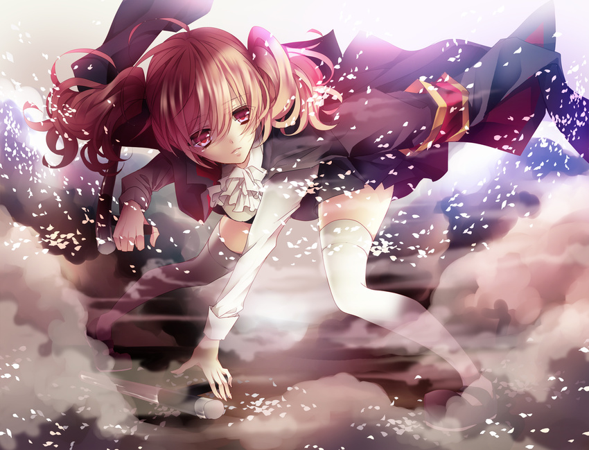 bow brown_hair cherry_blossoms hair_bow highres holding holding_weapon inu_x_boku_ss pink_eyes roromiya_karuta shirt solo thighhighs tonfa two_side_up weapon white_legwear white_shirt