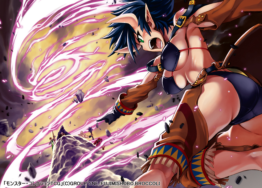 ass belt bikini black_hair breasts chaps covered_nipples demon_horns fangs from_below gloves green_eyes hayashi_keita hill horns large_breasts magic monster_collection official_art oni open_mouth original pointing pointy_ears red_skin screaming short_hair sky solo_focus swimsuit tornado underboob