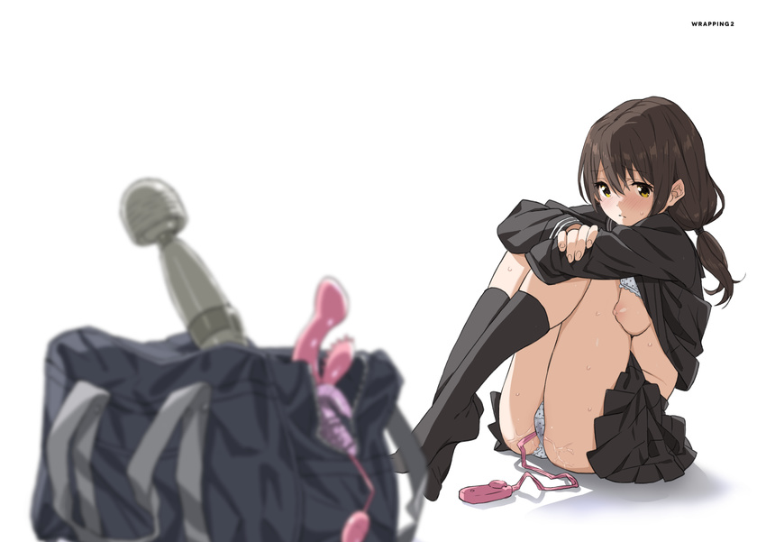 absurdres bag bangs blurry blush breasts brown_eyes brown_hair depth_of_field dildo egg_vibrator full_body highres nipples no_shoes object_insertion original panties pleated_skirt pussy_juice saitou_masatsugu school_uniform simple_background sitting skirt small_breasts socks solo underwear vaginal vaginal_object_insertion vibrator vibrator_under_clothes vibrator_under_panties white_background