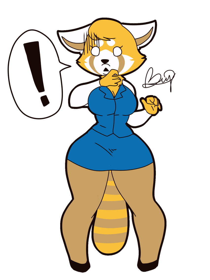 ! aggressive_retsuko anthro big_breasts breasts cleavage clothed clothing eyelashes female mammal red_panda retsuko sanrio shocked solo speech_bubble whimsical-asshole wide_hips