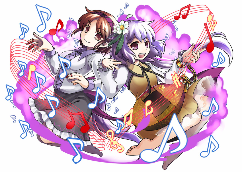 absurdres barefoot beamed_eighth_notes biwa_lute brown_eyes brown_hair commentary_request dress eighth_note flower full_body hair_flower hair_ornament hairband highres instrument long_hair long_sleeves looking_at_viewer low_twintails lute_(instrument) multiple_girls music musical_note open_mouth playing_instrument purple_eyes purple_hair quarter_note shirt short_hair skirt smile socha touhou tsukumo_benben tsukumo_yatsuhashi twintails white_background