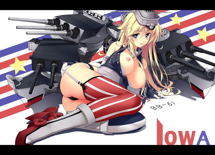 :p american_flag american_flag_legwear ass bad_id bad_pixiv_id bare_shoulders black_panties blonde_hair blush breasts breasts_outside cannon character_name collar elbow_gloves flag_print front-tie_top garter_straps gloves headgear highres iowa_(kantai_collection) kantai_collection large_breasts letterboxed long_hair lying mismatched_legwear mushroom_(artist) nipples on_side panties partly_fingerless_gloves solo star star-shaped_pupils striped striped_legwear symbol-shaped_pupils thighhighs thong tongue tongue_out underwear vertical-striped_legwear vertical_stripes