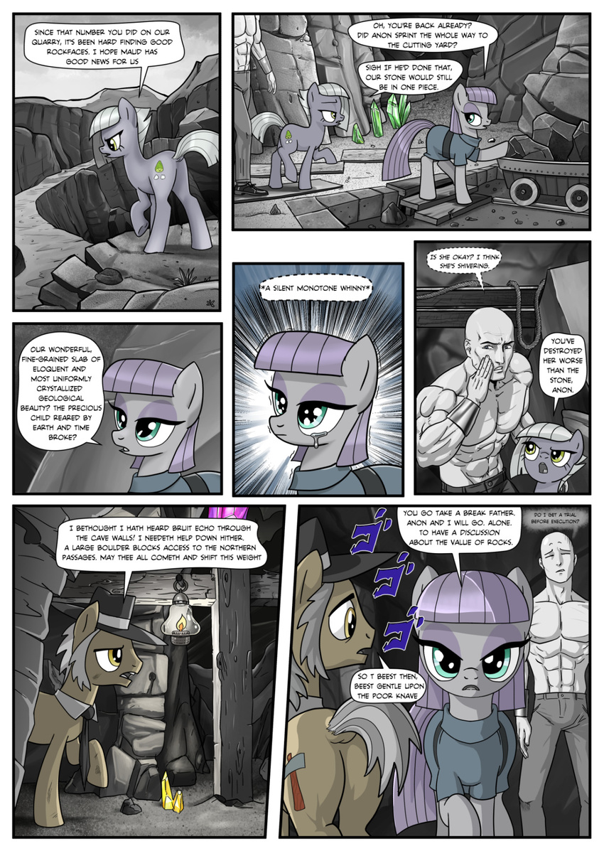 2016 angry anon bald bare_chest clothed clothing comic cutie_mark dialogue earth_pony english_text equine female feral friendship_is_magic fur grey_fur grey_hair hair hi_res horse human igneous_rock_(mlp) limestone_pie_(mlp) male mammal maud_pie_(mlp) mine monochrome muscular muscular_male my_little_pony pencils_(artist) pony tears text yellow_eyes