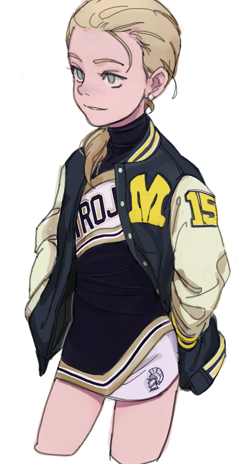 absurdres blonde_hair blue_eyes cheerleader dress earrings flat_chest highres jacket jewelry letterman_jacket long_hair original ponytail season_(artist) solo whitney_kawinski