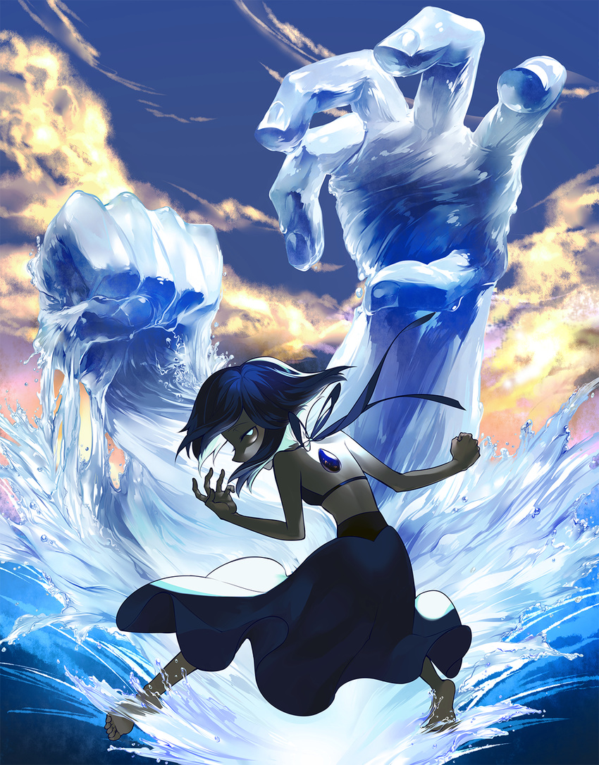 back barefoot blue_eyes blue_hair blue_skin element_bending gem giant_hand halter_top halterneck highres lapis_lazuli_(steven_universe) long_skirt looking_at_viewer looking_back masato_hiro short_hair skirt solo steven_universe water