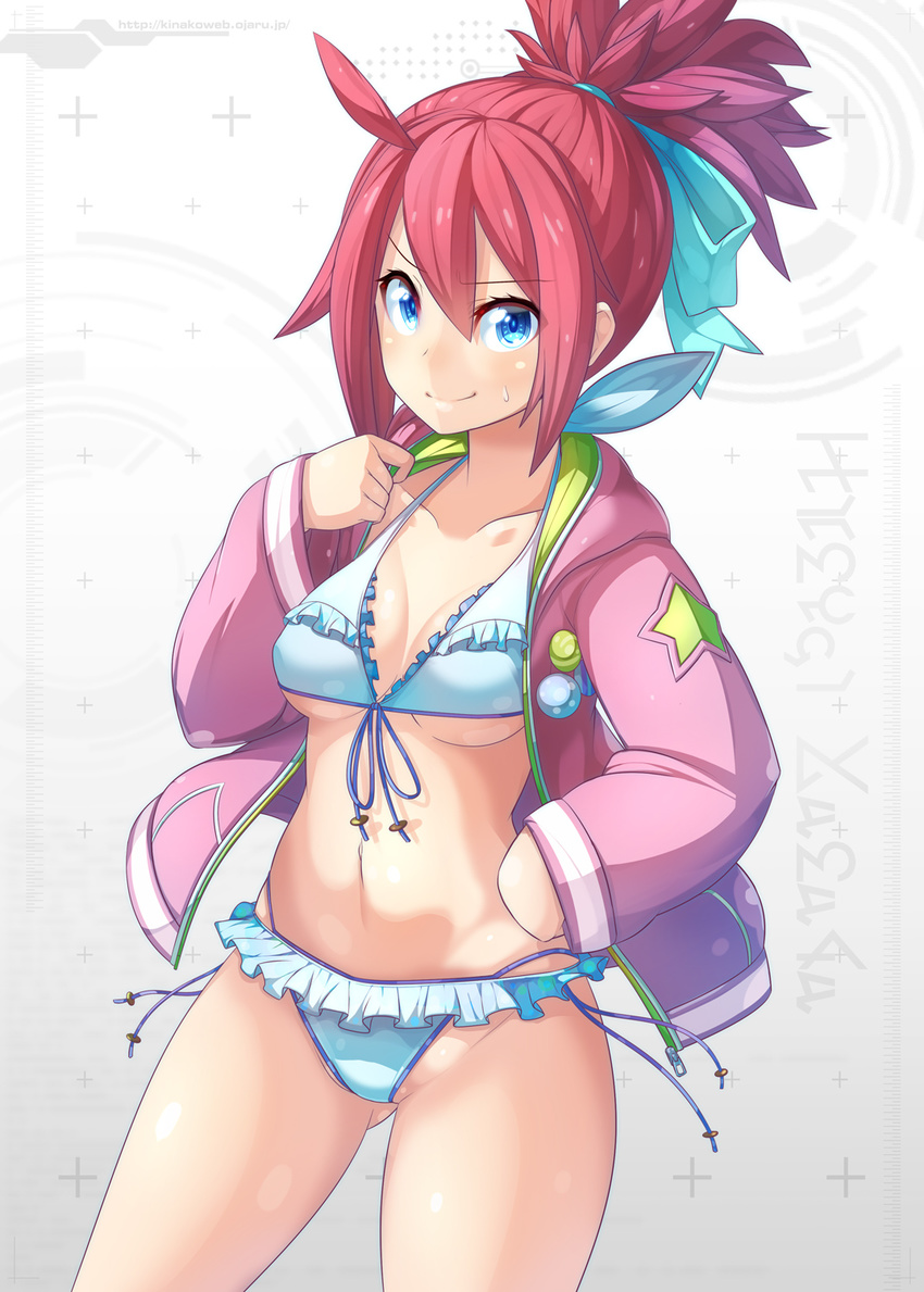 bikini blue_bikini blue_eyes frilled_bikini frills front-tie_top highres jacket long_hair ooyama_kina phantasy_star phantasy_star_online_2 ponytail red_hair solo standing swimsuit yasaka_hitsugi