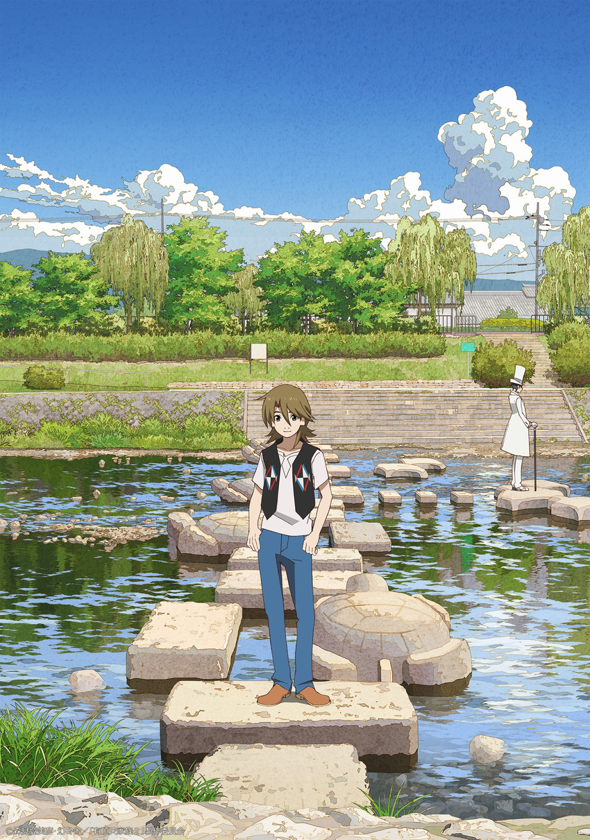 absurdres brown_hair cane commentary denim hat highres jeans kyoto multiple_boys nidaime_(uchouten_kazoku) official_art pants pun real_world_location river shimogamo_yasaburou shirt t-shirt top_hat uchouten_kazoku vest