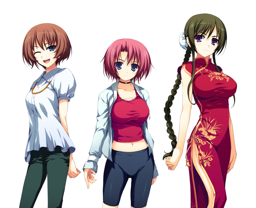 akatsuki_no_goei anzu_(akatsuki_no_goei) arms_behind_back bike_shorts blue_eyes blush bob_cut brown_hair character_request china_dress chinese_clothes closed_eyes dress hair_bun jacket jewelry looking_at_viewer multiple_girls necklace non-web_source open_clothes open_mouth open_shirt pants pink_hair purple_eyes shion_(akatsuki_no_goei) shirt short_hair side_slit simple_background smile tomose_shunsaku white_background