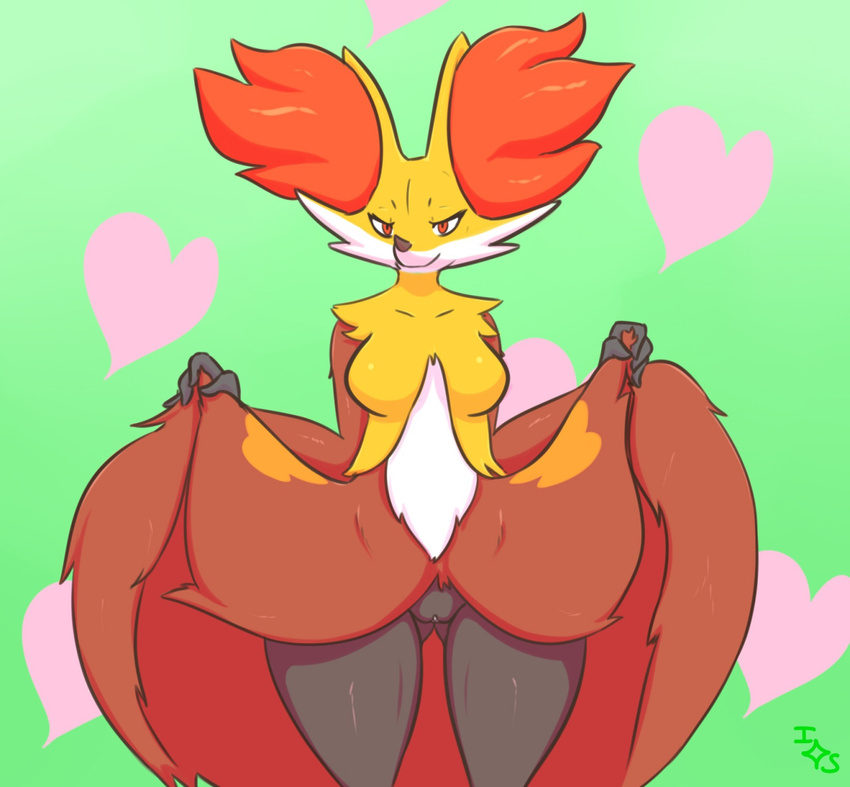 &lt;3 anthro big_breasts breasts clothing clothing_lift delphox female immortalstar inner_ear_fluff looking_at_viewer nintendo orange_eyes pok&eacute;mon pok&eacute;morph presenting presenting_pussy pussy red_eyes signature simple_background skirt skirt_lift smile solo video_games wide_hips