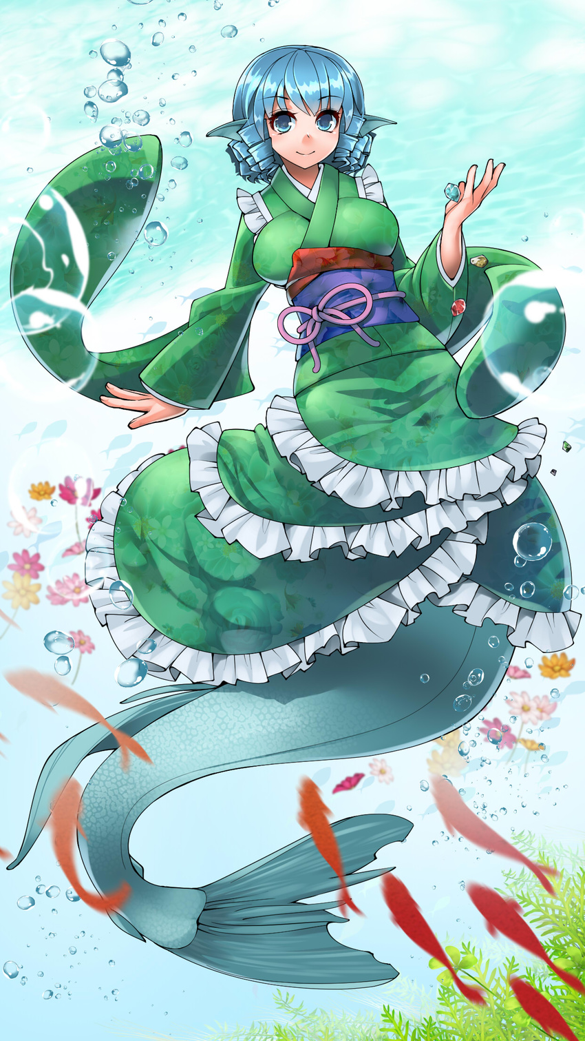 blue_eyes blue_hair breasts bubble drill_hair fish frills full_body goldfish head_fins highres japanese_clothes kimono large_breasts mermaid monster_girl solo touhou umigarasu_(kitsune1963) underwater wakasagihime wide_sleeves