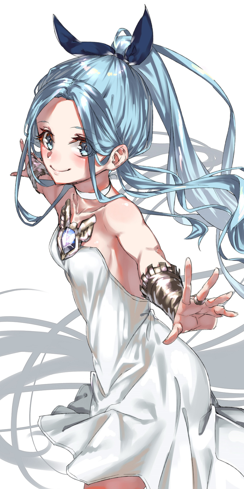 absurdres alternate_hairstyle bare_shoulders blue_eyes blue_hair blue_ribbon blush bracer breasts choker closed_mouth collarbone dress eyebrows eyebrows_visible_through_hair eyes_visible_through_hair gem granblue_fantasy hair_ribbon hair_up highres long_hair looking_at_viewer lyria_(granblue_fantasy) outstretched_arms ribbon rolua short_dress simple_background small_breasts smile solo very_long_hair white_background white_dress