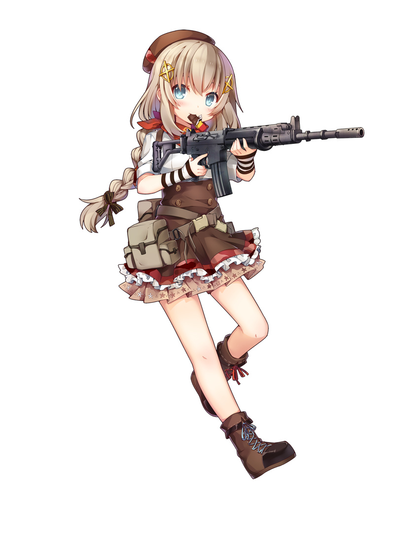 ankle_boots arm_warmers belt_pouch beret blue_eyes boots braid brown_footwear brown_hair chocolate chocolate_bar double-breasted fn_fnc_(girls_frontline) food_in_mouth full_body girls_frontline hair_ornament hat high-waist_skirt highres jiang-ge layered_skirt looking_at_viewer official_art pouch ribbon skirt solo suspender_skirt suspenders tactical_clothes transparent_background weapon