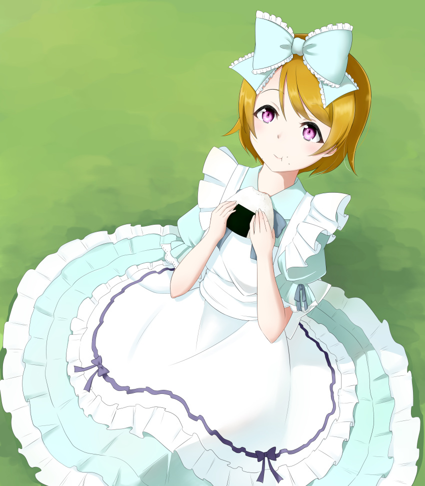 1girl alice_(wonderland) alice_(wonderland)_(cosplay) artist_request birthday bow bowtie brown_hair cosplay dress food hair_ribbon happy_birthday highres holding koizumi_hanayo looking_at_viewer love_live! love_live!_school_idol_festival love_live!_school_idol_project purple_eyes ribbon short_hair smile solo