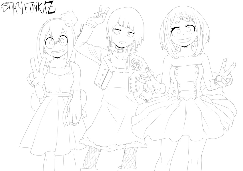 3girls asui_tsuyu boku_no_hero_academia horikoshi_kouhei jirou_kyouka lineart monochrome multiple_girls stiky_finkaz uraraka_ochako