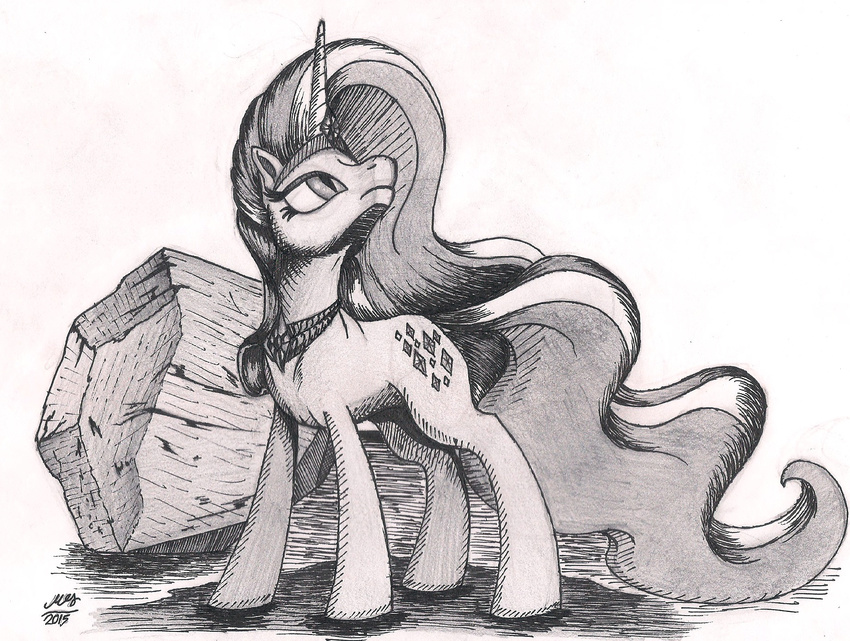 2015 black_and_white crown cutie_mark equine female feral friendship_is_magic fur graboiidz hair horn jewelry mammal monochrome multicolored_hair my_little_pony necklace nightmare_rarity_(idw) rock slit_pupils solo tiara two_tone_hair unicorn