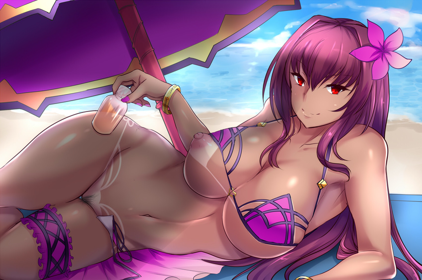 breasts fate/grand_order fate_(series) flower hair_flower hair_ornament hips large_breasts long_hair looking_at_viewer lying navel nipples on_side pubic_hair red_eyes red_hair scathach_(fate)_(all) scathach_(swimsuit_assassin)_(fate) shimeno_puni smile solo tan tanline thigh_gap thighs umbrella
