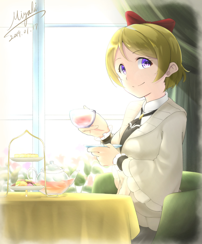 1girl artist_request birthday black_tie bow brown_hair chair collar cup dress flower food hair_ribbon happy_birthday highres holding holding_cup koizumi_hanayo looking_at_viewer love_live! love_live!_school_idol_project macaron purple_eyes red_bow ribbon saucer short_hair smile solo table tea teacup teapot teaspoon window