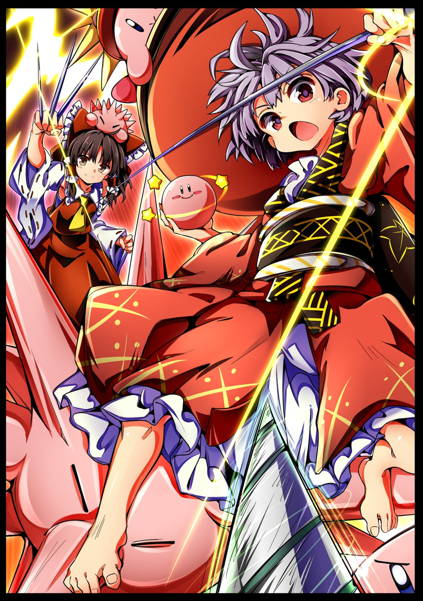&gt;:) armpits ascot baba_(baba_seimaijo) barefoot black_border black_hair border bow bowl bowl_hat brown_eyes closed_mouth commentary_request copy_ability crossover detached_sleeves drill frilled_shirt_collar frills hair_bow hair_tubes hakurei_reimu hat highres holding_needle japanese_clothes kimono kirby kirby_(series) long_sleeves looking_at_viewer miko multiple_girls needle obi open_mouth purple_hair red_bow red_eyes red_shirt red_skirt ribbon-trimmed_sleeves ribbon_trim sash shirt short_hair skirt skirt_set smile spikes star sukuna_shinmyoumaru touhou v-shaped_eyebrows wide_sleeves windowboxed