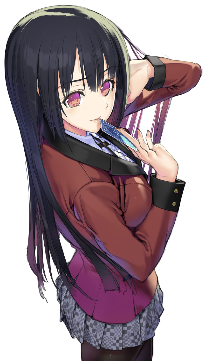 absurdres adjusting_hair bad_id bad_pixiv_id black_hair black_legwear card checkered checkered_skirt eyebrows eyebrows_visible_through_hair face highres hime_cut jabami_yumeko kakegurui light_smile lips long_hair looking_at_viewer nakabayashi_reimei pantyhose parted_lips pleated_skirt red_eyes simple_background skirt solo standing white_background